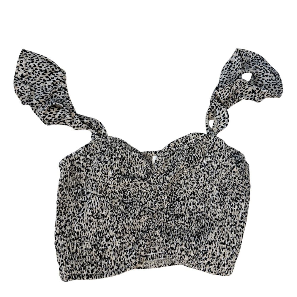 Storia Smocked Puff Sleeve Crop Top Black Ivory Print Size M
